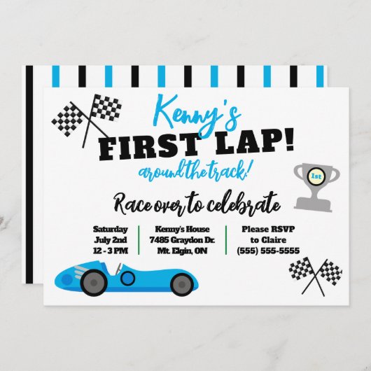 1周目ののまわりにトラック、子供の誕生日パーティー 招待状 (正面/裏面)