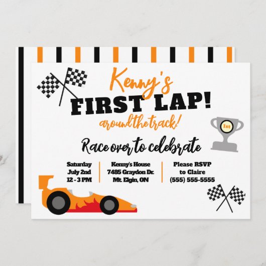 1周目ののまわりにトラック、子供の誕生日パーティー 招待状 (正面/裏面)