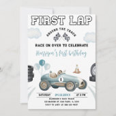1周目レースカーのまわりにザ・トラック1回目の誕生日 招待状 (正面)