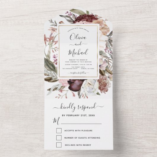 1回でボホほこりっぽい結婚ピンクブルゴーニュ オールインワン招待状 (内側)