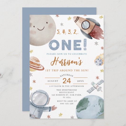 1回目ののまわりに日帰り宇宙1回目の誕生日 招待状 (正面/裏面)
