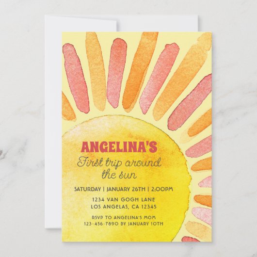 1回目ののまわりに日帰り1回目の誕生日の水彩 招待状 (正面)