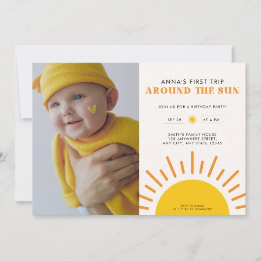1回目のまわりにの日帰り1回目の誕生日フォト 招待状 (正面)