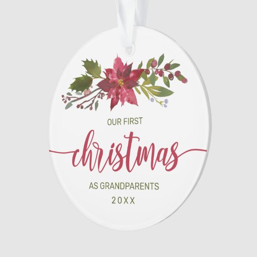 1回目のクリスマスの祖父母写真水彩フローラ オーナメント (正面)