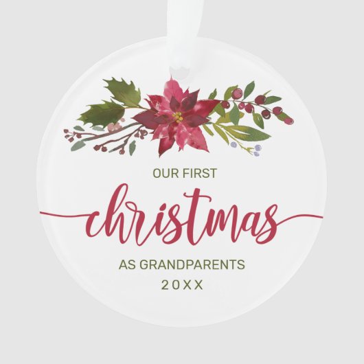 1回目のクリスマスの祖父母写真水彩フローラ オーナメント (正面)