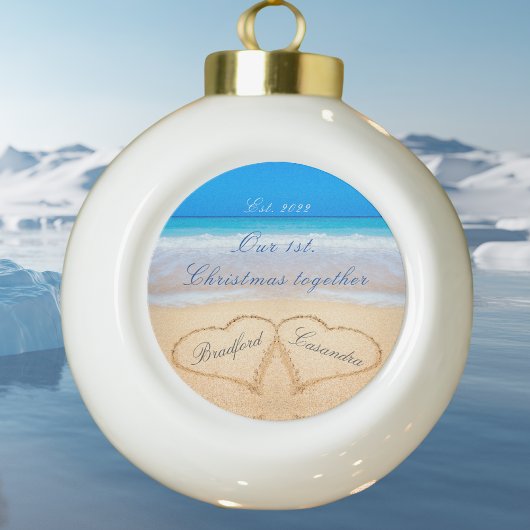 1回目のクリスマス。カップル名のハート セラミックボールオーナメント