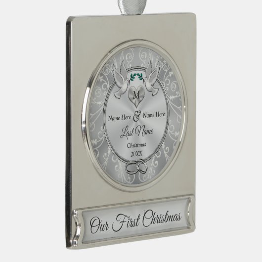 1回目のパーソナライズされたクリスマスを一緒にモノグラム シルバープレートバナーオーナメント (右)