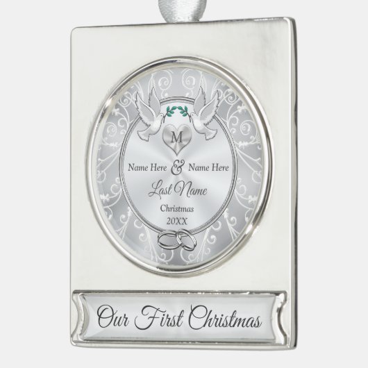 1回目のパーソナライズされたクリスマスを一緒にモノグラム シルバープレートバナーオーナメント (左)
