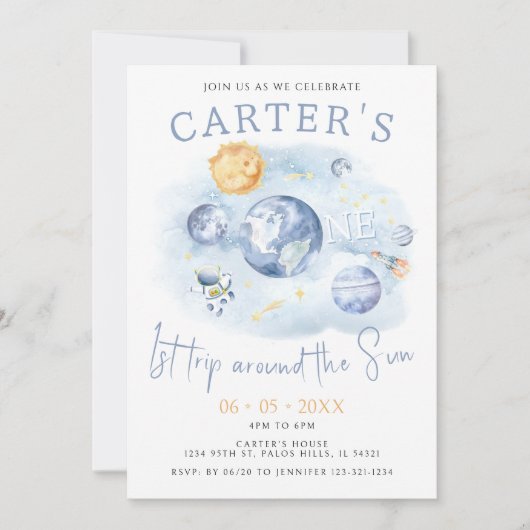 1回目の旅のまわりに太陽宇宙惑星誕生の男の子 招待状 (正面)