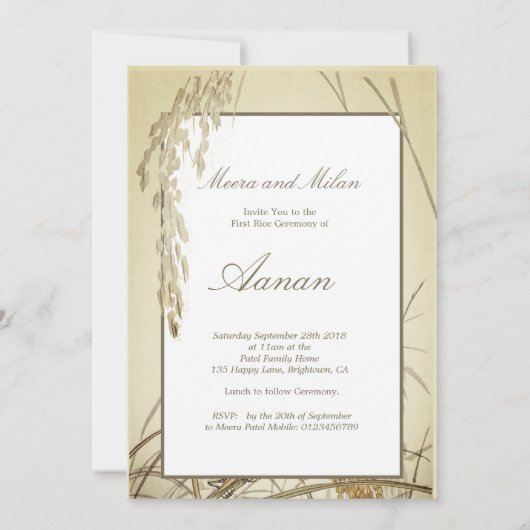 1回目の稲作稲作植物の写真金ゴールド 招待状 (裏面)