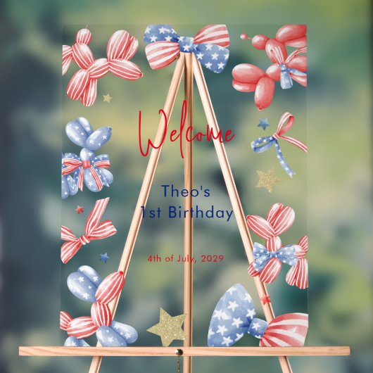 1回目の誕生日かわいいバルーン4th 7月パーティーへようこそ アクリルサイン (ニュートラル)