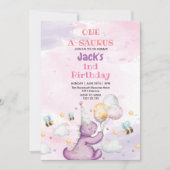 1回目の誕生日かわいい紫の恐竜とミツバチ 招待状 (正面)