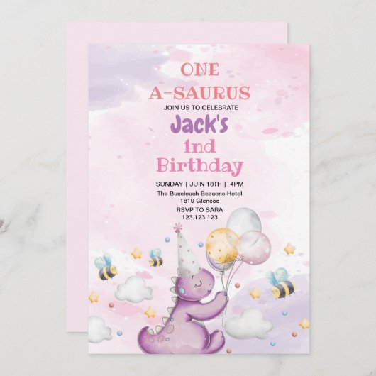 1回目の誕生日かわいい紫の恐竜とミツバチ 招待状 (正面/裏面)