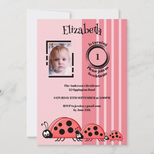 1回目の誕生日にフォトレディーバグの赤ピンクを追加 招待状 (正面)