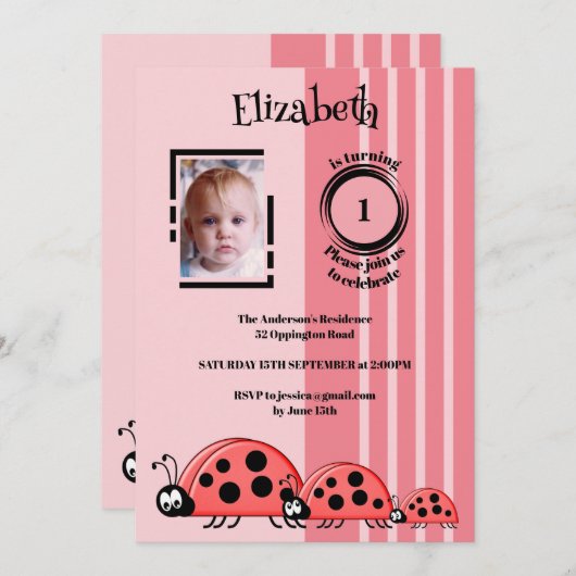 1回目の誕生日にフォトレディーバグの赤ピンクを追加 招待状 (正面/裏面)