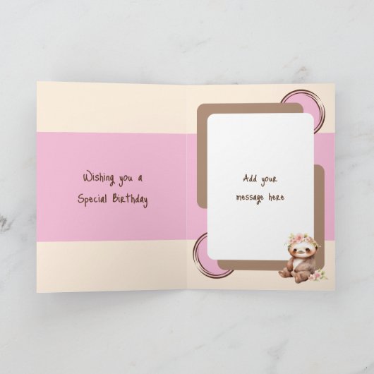 1回目の誕生日に名前かわいいナマケモノのピンクの茶色を追加 カード (内部)