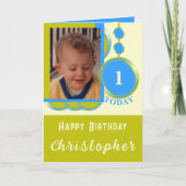 1回目の誕生日に名前を付けるフォトブルー緑 カード (正面)