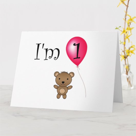 1回目の誕生日のクマの赤い風船 カード (黄色い花)