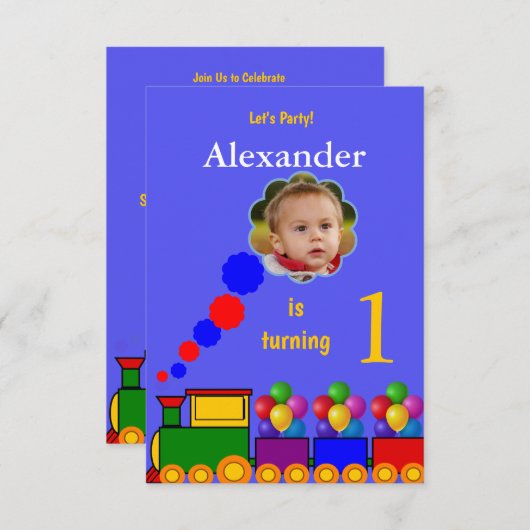 1回目の誕生日の写真の招待をトレーニングとバルーンで行う 招待状 (正面/裏面)