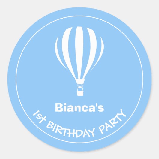 1回目の誕生日の青と白の熱気球 ラウンドシール (正面)