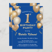 1回目の誕生日の青と金ゴールドグリッターバルーン 招待状 (正面/裏面)