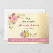 1回目の誕生日は日付を保存カボキンピンクと金ゴールド 案内ポストカード (正面/裏面)