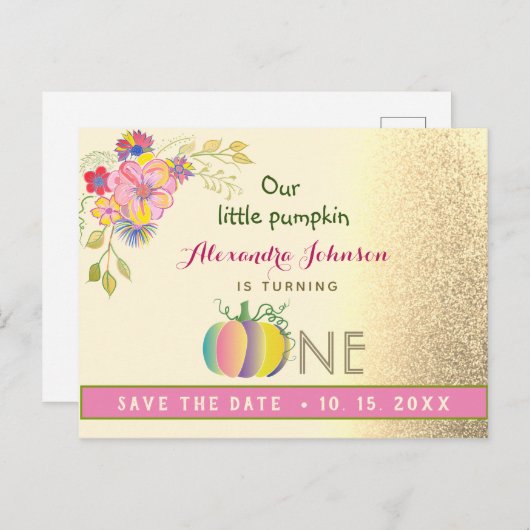 1回目の誕生日は日付を保存カボキンピンクと金ゴールド 案内ポストカード (正面/裏面)