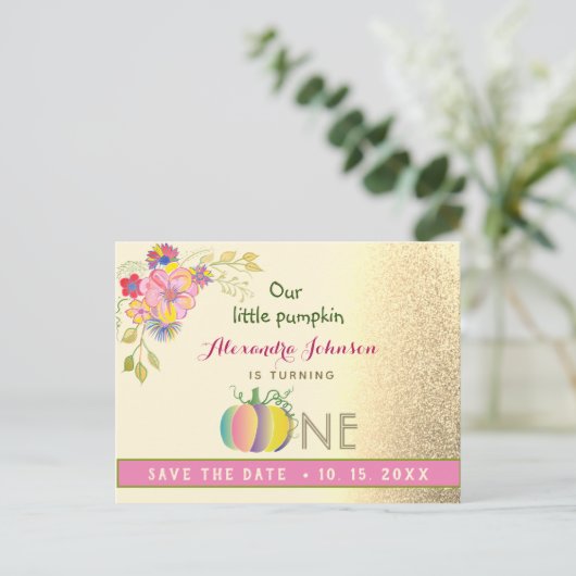 1回目の誕生日は日付を保存カボキンピンクと金ゴールド 案内ポストカード (スタンド正面)