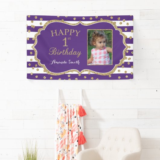 1回目の誕生日を祝うバナー紫の金ゴールド写真 横断幕 (インサイチュ)