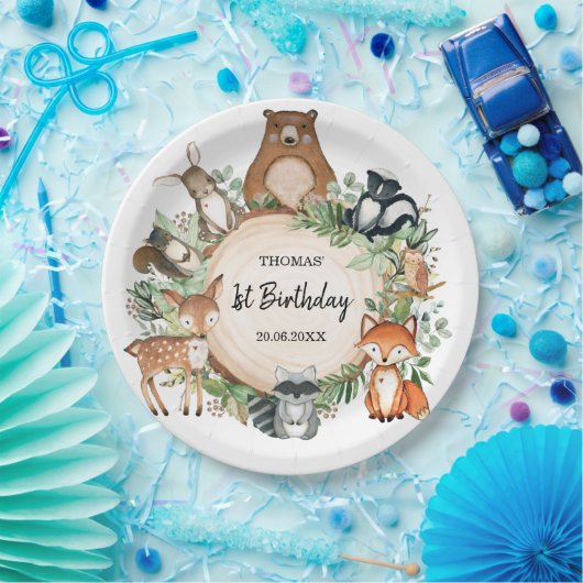 1回目の誕生日を迎える森林動物の甘いパーティー ペーパープレート (パーティー)