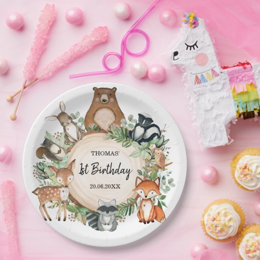1回目の誕生日を迎える森林動物の甘いパーティー ペーパープレート (パーティー)