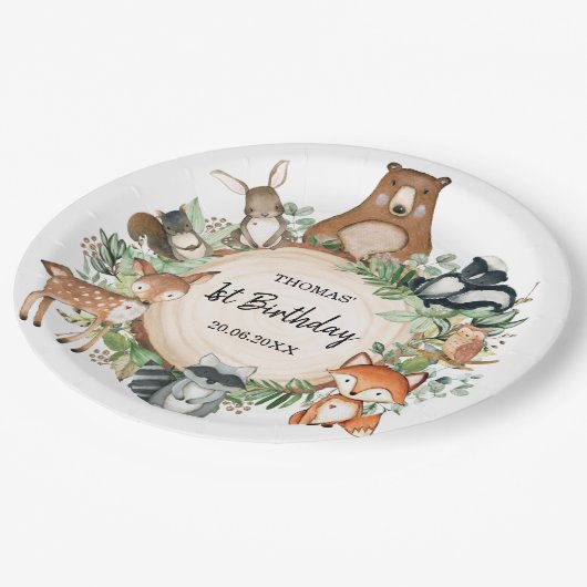 1回目の誕生日を迎える森林動物の甘いパーティー ペーパープレート (アングル)