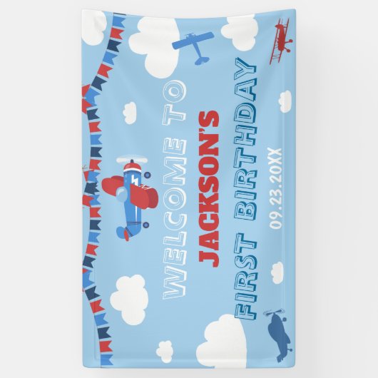 1回目の誕生日を迎える飛行機1年がバック 横断幕 (縦)