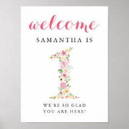 1回目の誕生日ウェルカムサインピンクウォーターカラー花模様 ポスター