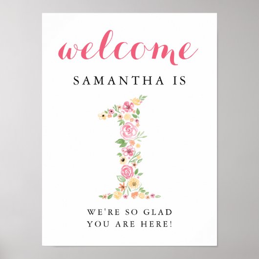 1回目の誕生日ウェルカムサインピンクウォーターカラー花模様 ポスター (正面)