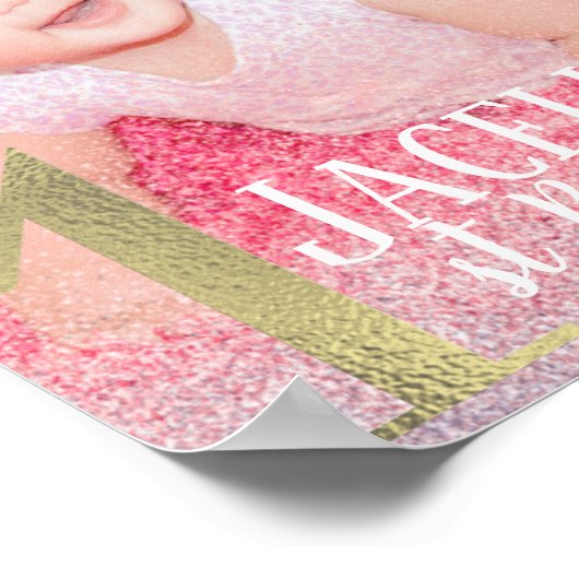 1回目の誕生日ウェルカムピンクフェイクグリッター写真 ポスター (角)