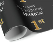 1回目の誕生日エレガント:，黒，フェイク金ゴールドルック ラッピングペーパー (ロールコーナー)