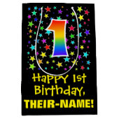 1回目の誕生日カラフル：星のパターンと虹1 ミディアムペーパーバッグ (正面)