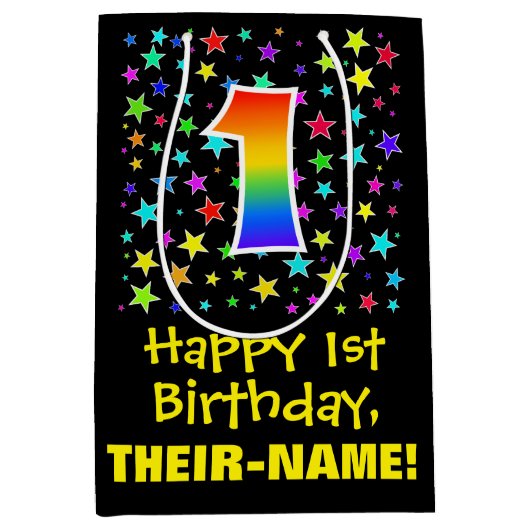 1回目の誕生日カラフル：星のパターンと虹1 ミディアムペーパーバッグ (正面)