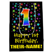 1回目の誕生日カラフル：星のパターンと虹1 ミディアムペーパーバッグ (裏面)