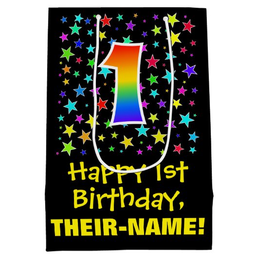 1回目の誕生日カラフル：星のパターンと虹1 ミディアムペーパーバッグ (裏面)