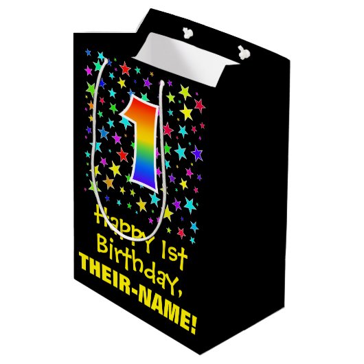 1回目の誕生日カラフル：星のパターンと虹1 ミディアムペーパーバッグ (裏面アングル)