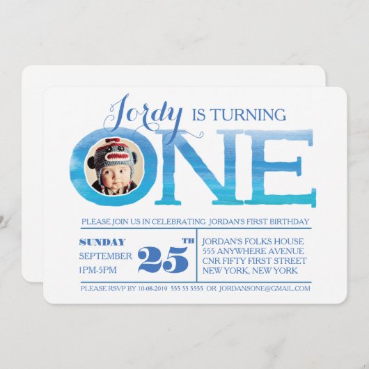 1回目の誕生日グラデーション水彩ワンフォト招待状 招待状 (正面/裏面)