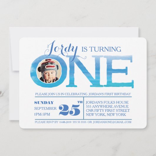 1回目の誕生日グラデーション水彩ワンフォト招待状 招待状 (正面)