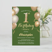 1回目の誕生日グリーンと金ゴールドバルーン紙吹雪 招待状 (スタンド正面)