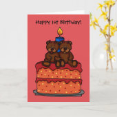 1回目の誕生日ケーキのカードで双子の女の子 カード (黄色い花)