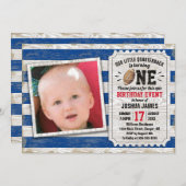 1回目の誕生日スポーツフットボールのブ素朴ルー写真 招待状 (正面/裏面)