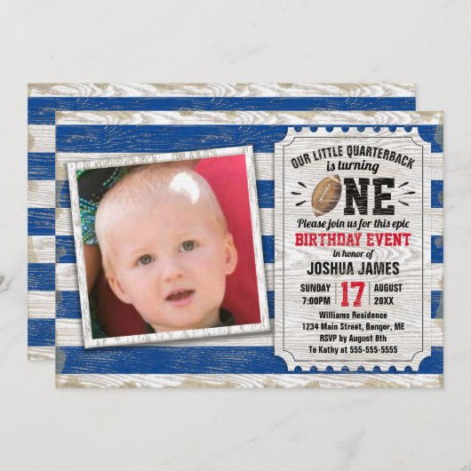 1回目の誕生日スポーツフットボールのブ素朴ルー写真 招待状 (正面/裏面)