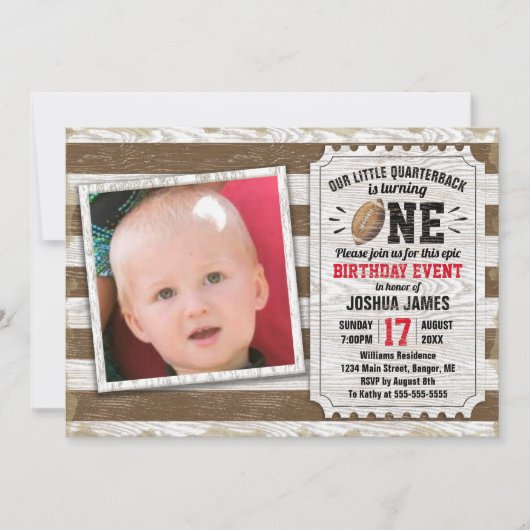 1回目の誕生日スポーツフットボー素朴ルブラウン写真 招待状 (正面)
