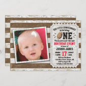 1回目の誕生日スポーツフットボー素朴ルブラウン写真 招待状 (正面/裏面)